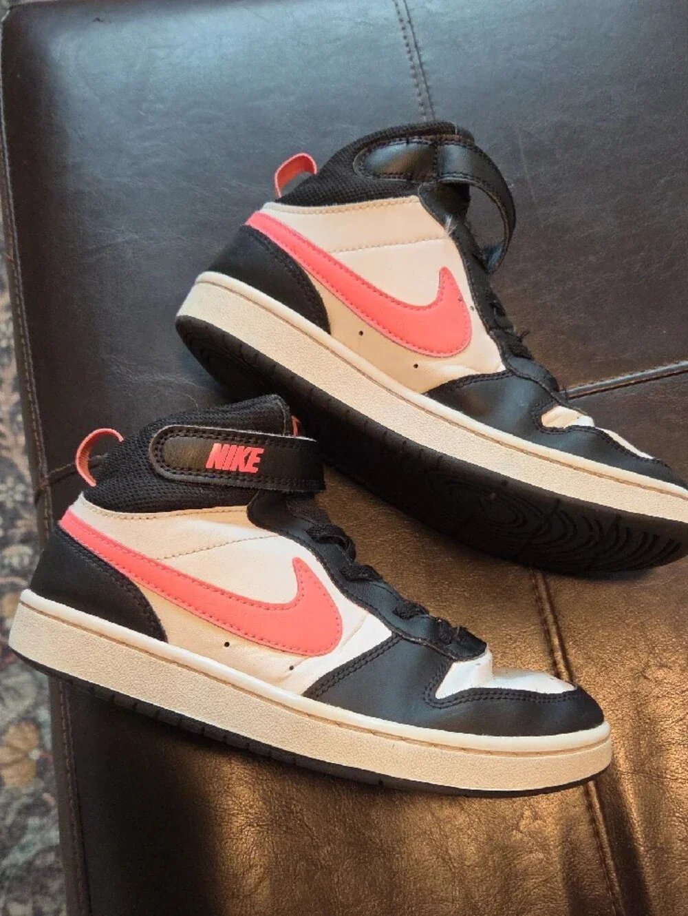 Nike Kids High-Top Sneakers in Black, White and Coral Pink